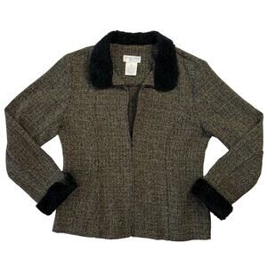 Worthington Petite Women's Jacket 6P Hidden Zipper Tan Black Faux Fur Collar